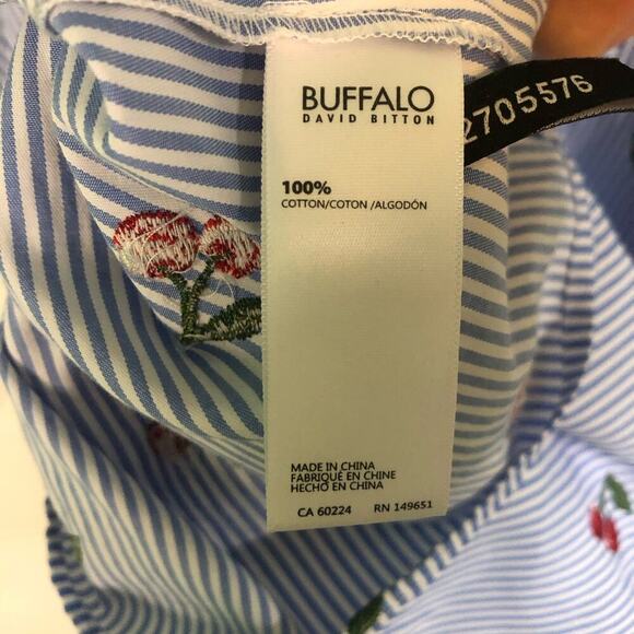 Buffalo David Bitton Size XS Blue & White Striped Cherries Dress Tie Back Ruffle - Picture 5 of 8